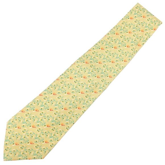 Hermes Tie Botanical Pattern 9 cm Silk Yellow and Gmulticolor Yellow